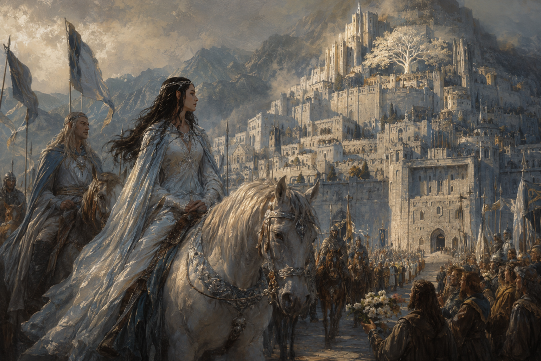 Arwen arriving with Elrond and the northern company at Minas Tirith before her marriage to King Elessar
