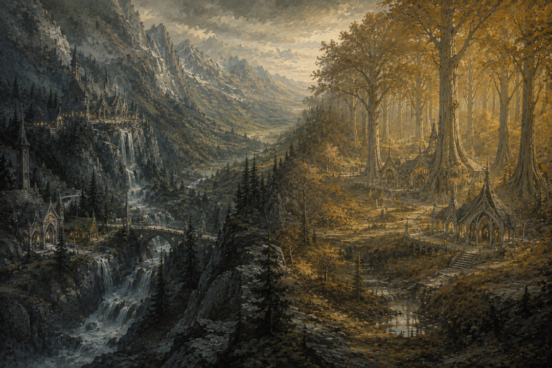 Arwen returning alone to Cerin Amroth in the silent and deserted Lothlórien of the Fourth Age