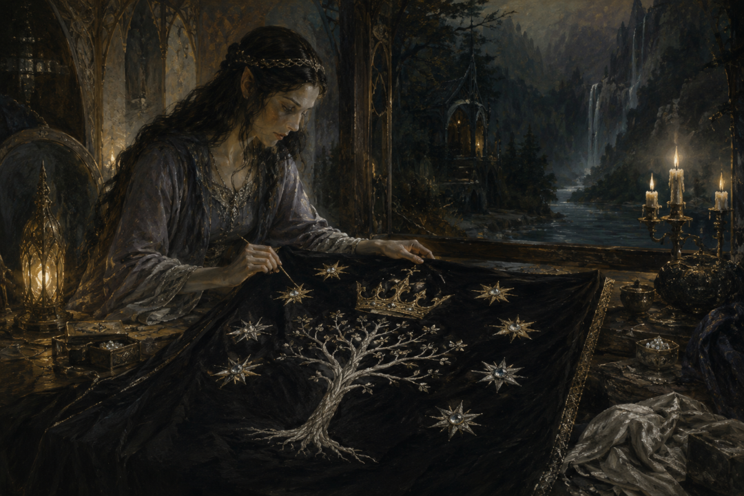 Arwen secretly making Aragorn’s black royal standard with the White Tree, Seven Stars, and Crown in Rivendell.