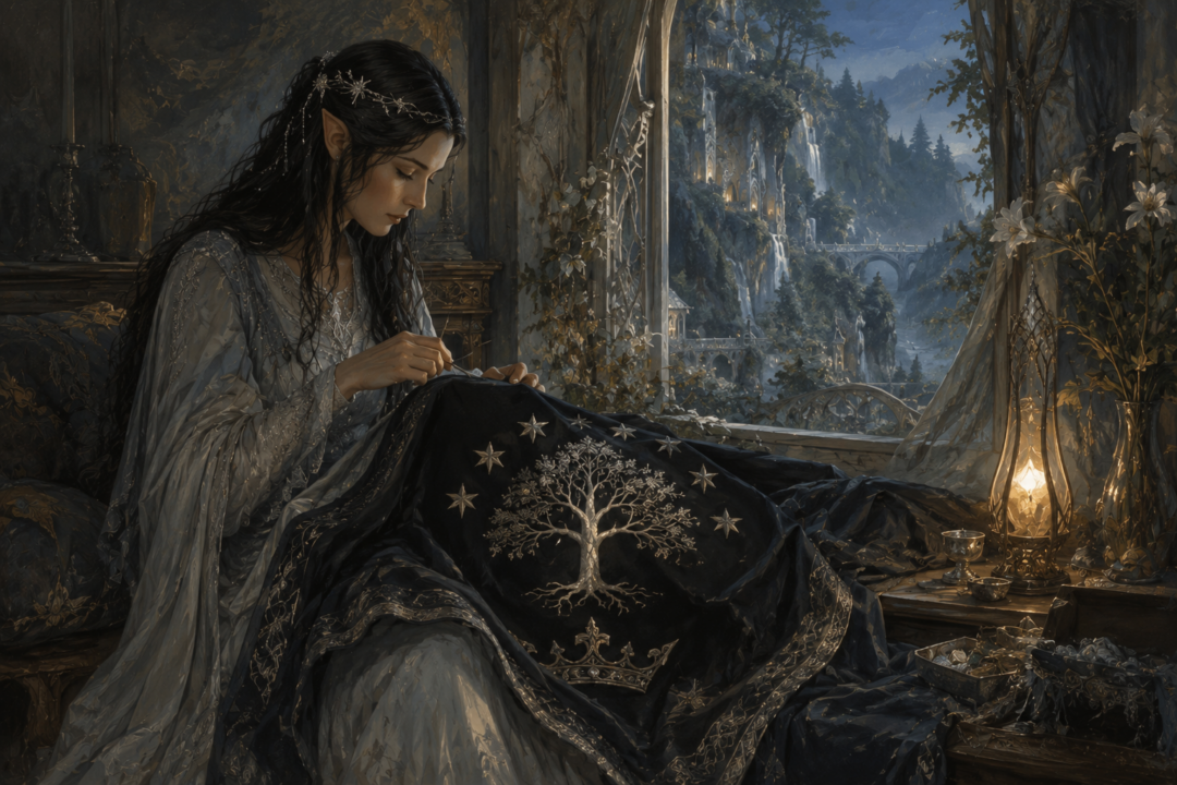 Arwen in Rivendell creating Aragorn's royal standard with the White Tree, Seven Stars and crown