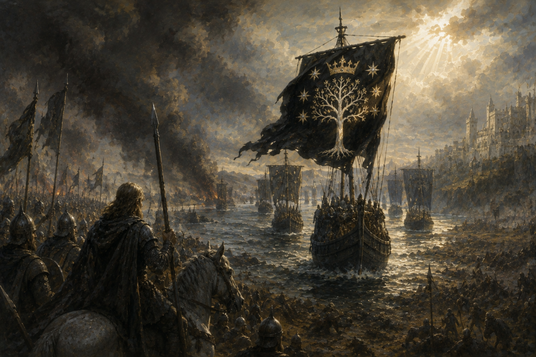 Arwen’s standard reveals the White Tree, Seven Stars, and Crown as Aragorn arrives by ship at the Battle of the Pelennor Fields.