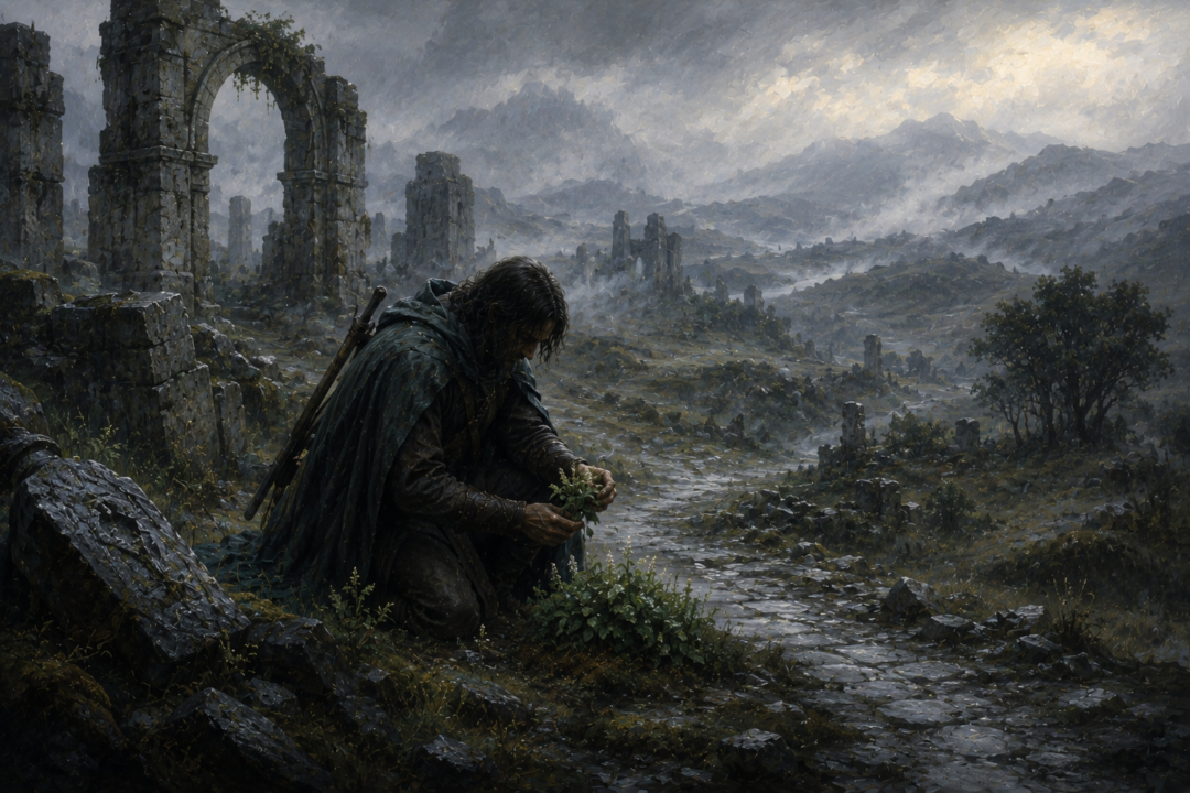 Wild athelas grows beside ruined stones of Arnor as a Ranger of the North gathers its leaves.