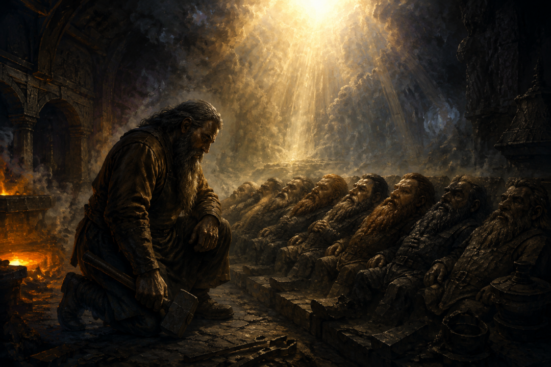 Aulë kneels beside the Fathers of the Dwarves as he confronts the limits of his power to create independent life.