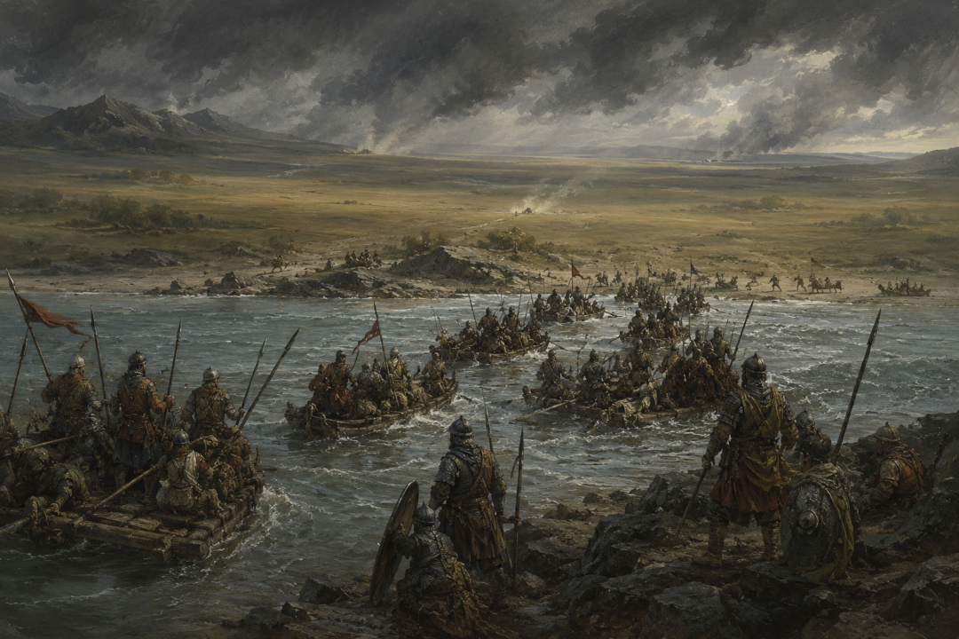 Balchoth warriors crossing the Anduin on boats and rafts into the open grasslands of northern Calenardhon in Third Age 2510.