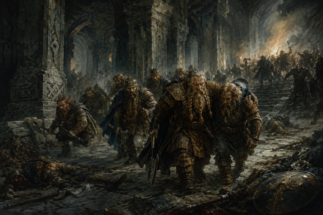 Balin’s surviving Dwarves retreat through the halls of Khazad-dûm toward the Chamber of Mazarbul as Orcs pursue them.