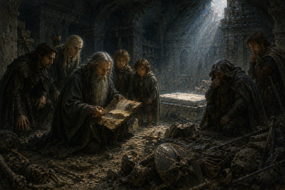 Balin's enduring stone tomb and the damaged Book of Mazarbul symbolize two surviving records of the lost Dwarven colony.