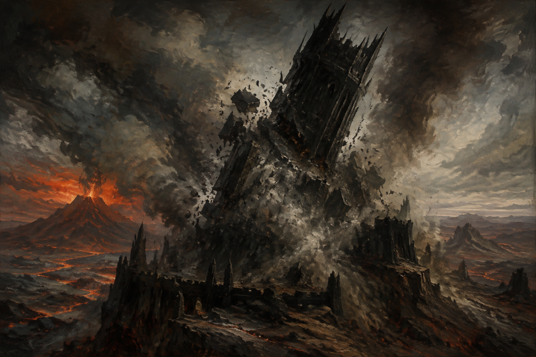 The collapse of Barad-dûr after the destruction of the One Ring in Mordor
