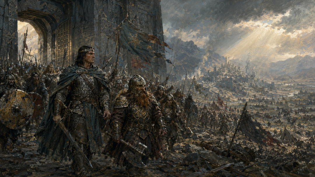 Bard II and Thorin Stonehelm leading Men and Dwarves from Erebor after the fall of Sauron to break the siege.