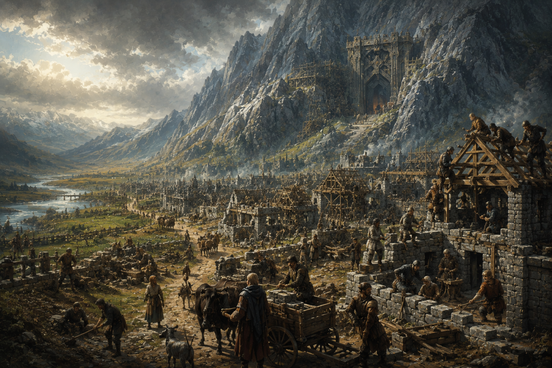 People rebuilding Dale while Dwarves restore the Kingdom under the Mountain