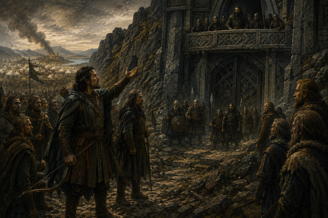 Bard of Dale presents his claims to Thorin Oakenshield during the tense parley at the Gate of Erebor