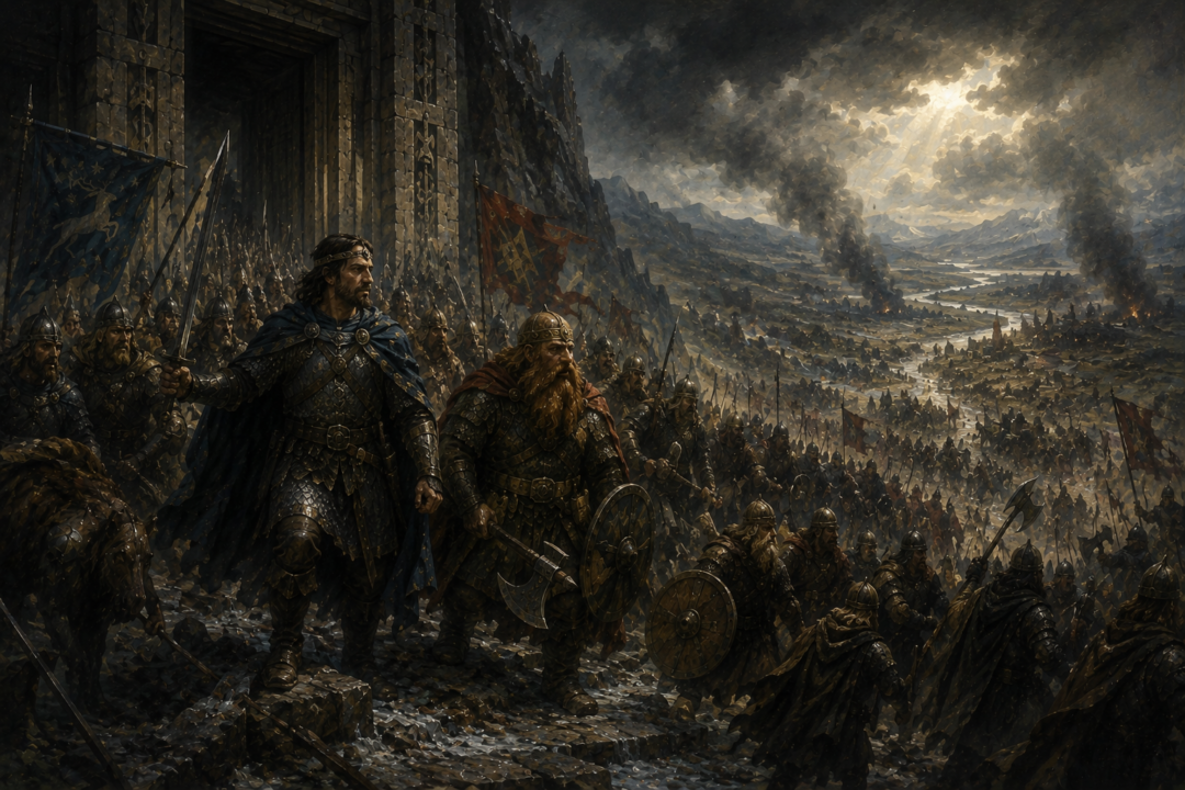 Bard II and Thorin III lead the defenders from Erebor to rout the northern army after Sauron's fall.