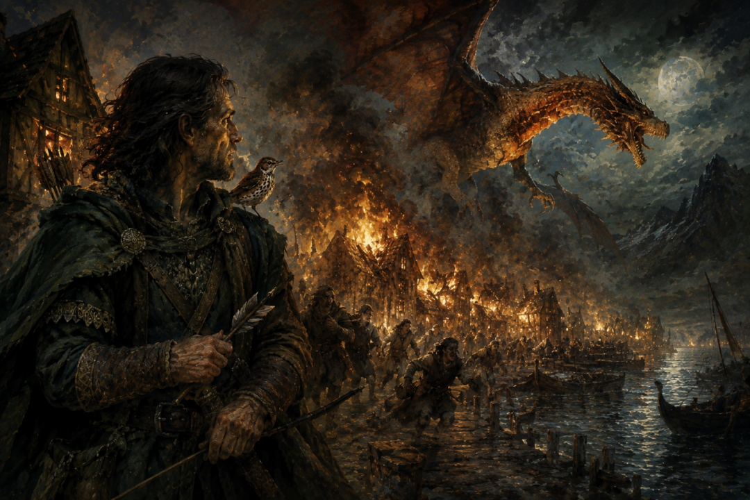 Bard listens to the old thrush while preparing his final black arrow during Smaug's attack on Lake-town.