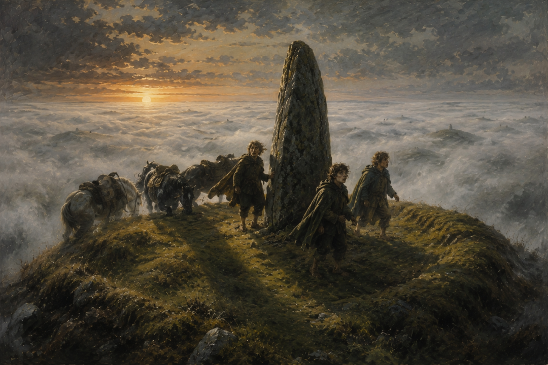 The hobbits awaken beside the standing stone as cold fog surrounds their Barrow-downs hill and the western sun sets.