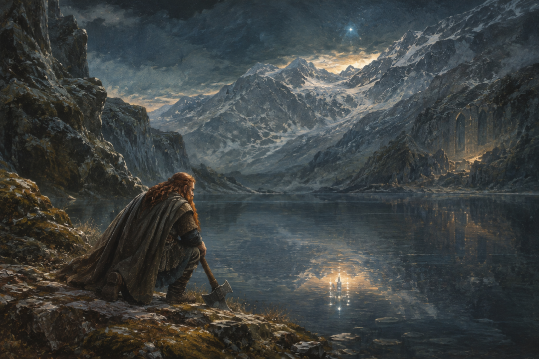 Dwarven warriors in the devastated valley of Azanulbizar after the battle beneath Moria