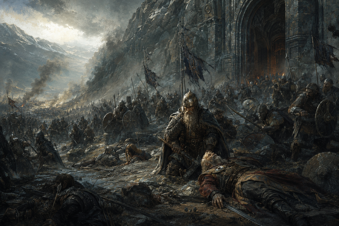 Dáin Ironfoot and the defenders of Dale making their stand at the gate of Erebor