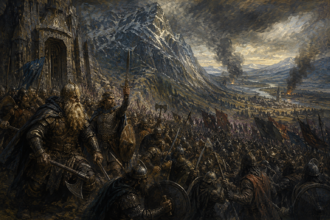 King Brand and Dáin Ironfoot lead the Men of Dale and Dwarves of Erebor in battle beneath the Lonely Mountain.