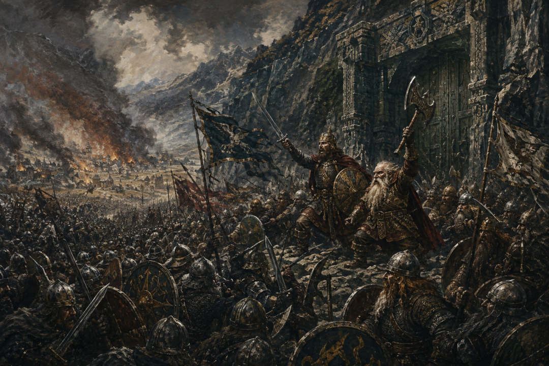 Men of Dale and Dwarves of Erebor defending the Lonely Mountain against Easterlings during the Battle of Dale.
