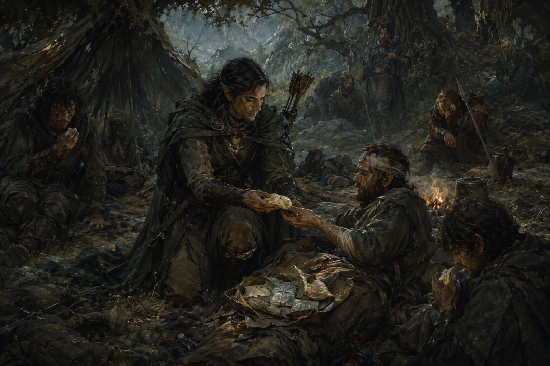 Beleg tends wounded members of Túrin's outlaw company and shares Melian's lembas with them.