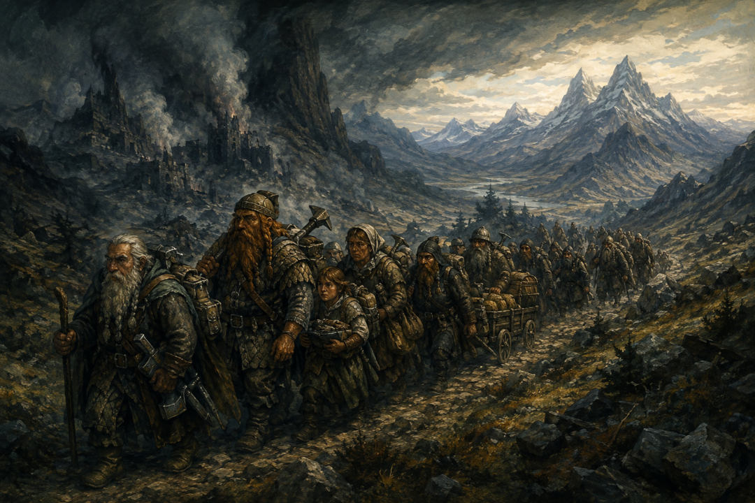 Dwarven refugees from ruined Belegost and Nogrod journey east toward Khazad-dûm after the First Age.