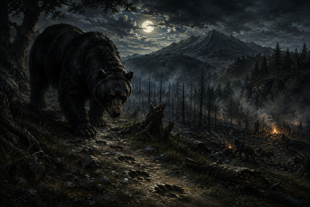 Beorn in bear form travels west by moonlight to investigate Gandalf's story about the goblins and Wargs.