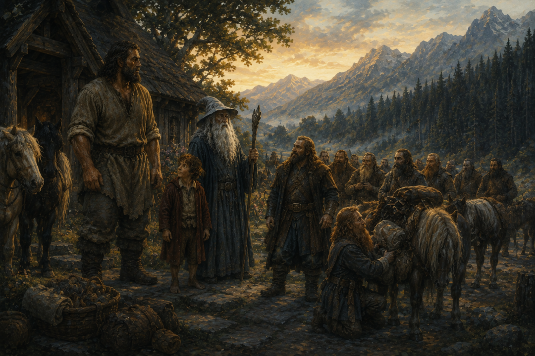 Beorn provides Thorin's company with ponies and supplies before their journey toward Mirkwood.