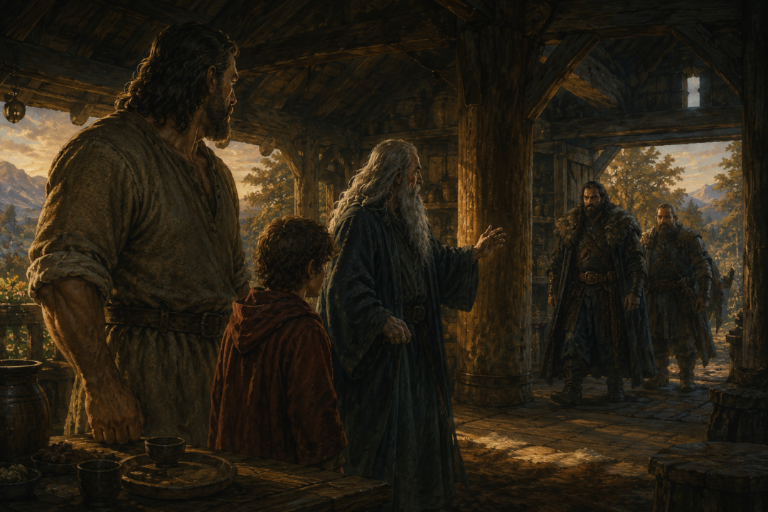 Beorn watches suspiciously as Thorin and Dori interrupt Gandalf's story at his wooden hall.