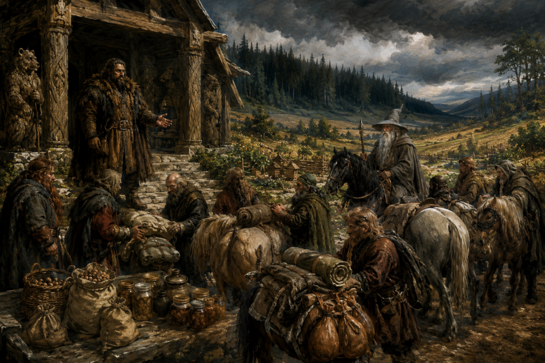 Beorn provides Thorin’s company with ponies, preserved food, water-skins and other supplies before their journey to Mirkwood.