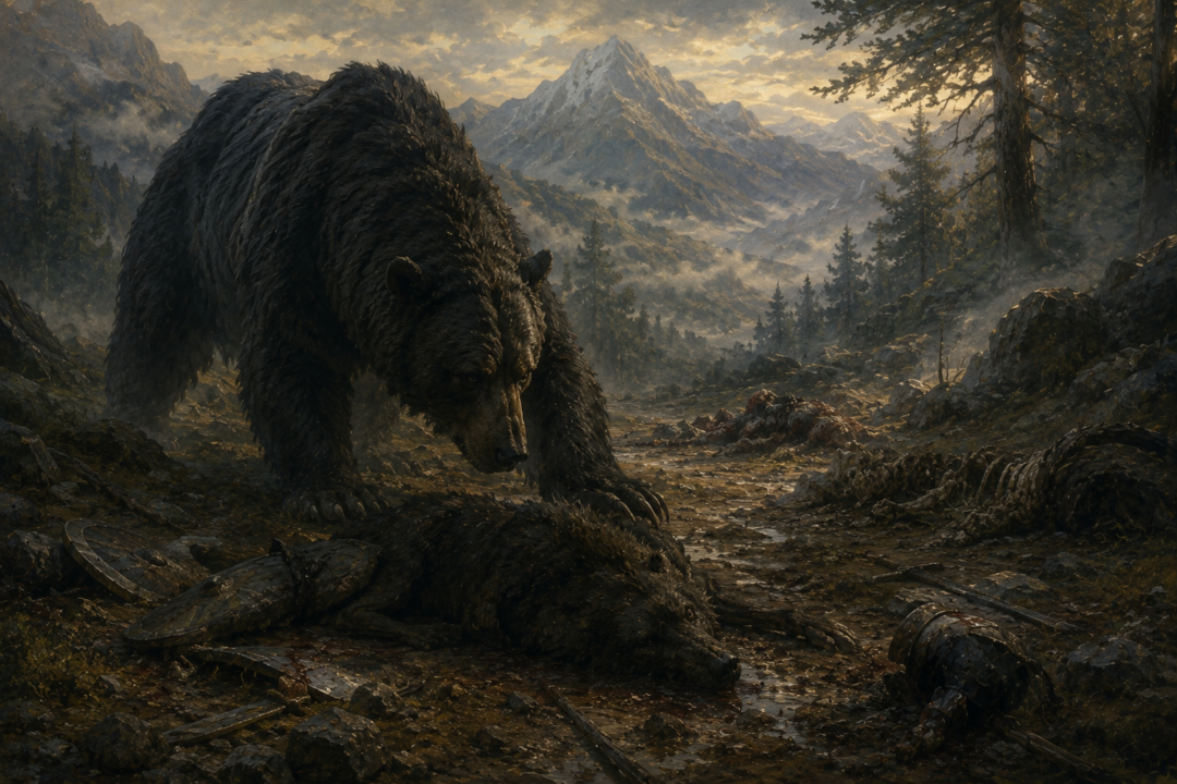 Beorn in great black bear form investigates signs of the goblin and Warg pursuit in the wilderness.