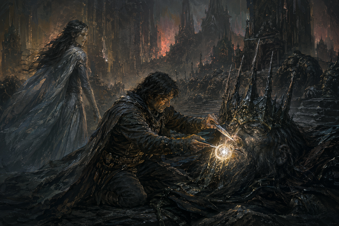 Beren uses Angrist to cut a radiant Silmaril from Morgoth’s Iron Crown while Lúthien watches in Angband.