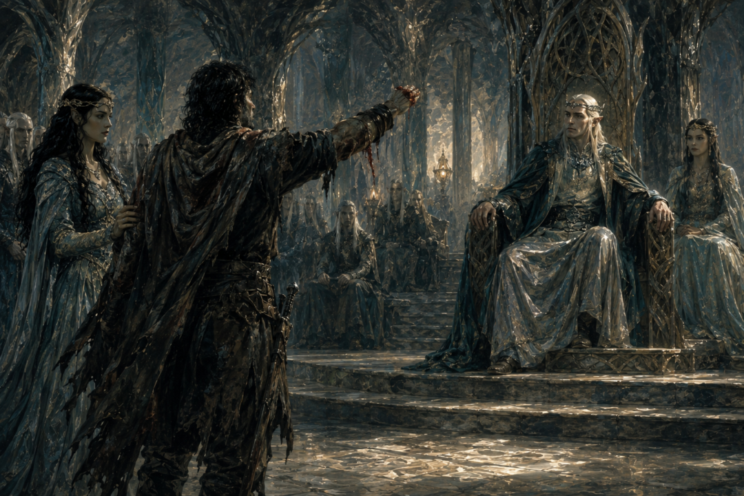 One-handed Beren returning with Lúthien to Thingol after losing the Silmaril to Carcharoth