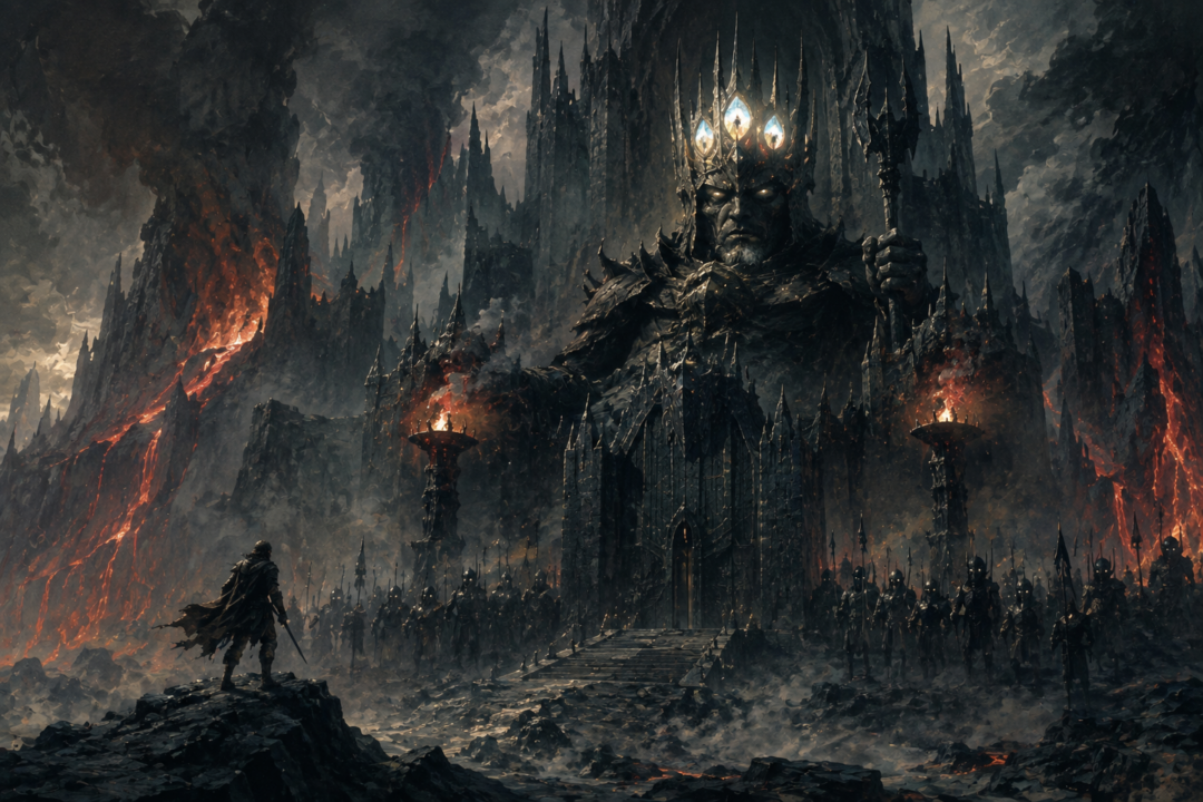 Beren approaching the darkness of Angband where the three Silmarils shine in Morgoth’s Iron Crown