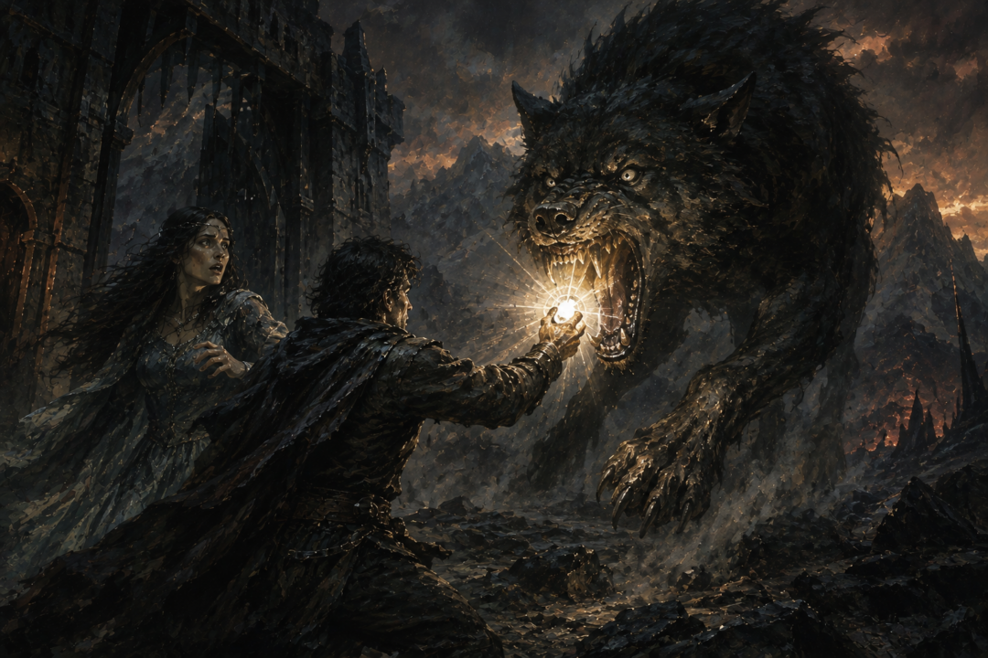 Beren raises the Silmaril as the great wolf Carcharoth attacks him at the gates of Angband.