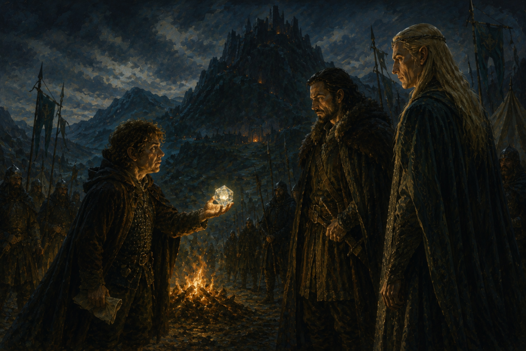 Bilbo presenting the Arkenstone to Bard and the Elvenking during the siege of the Lonely Mountain