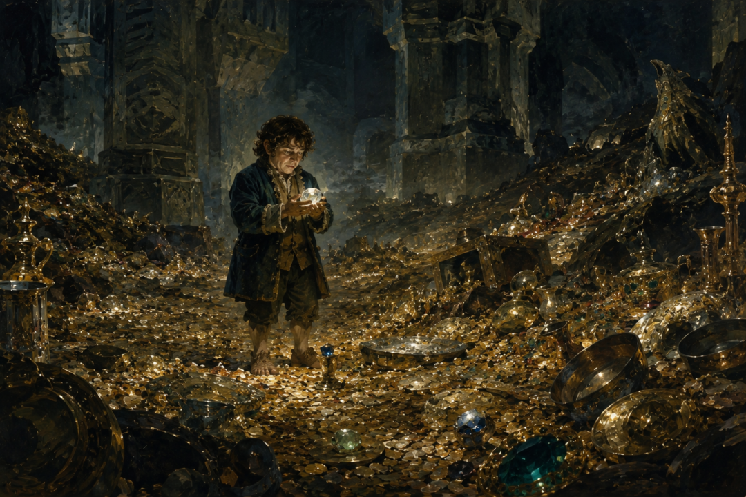 Bilbo holding the Arkenstone amid the immense treasure hoard beneath the Lonely Mountain