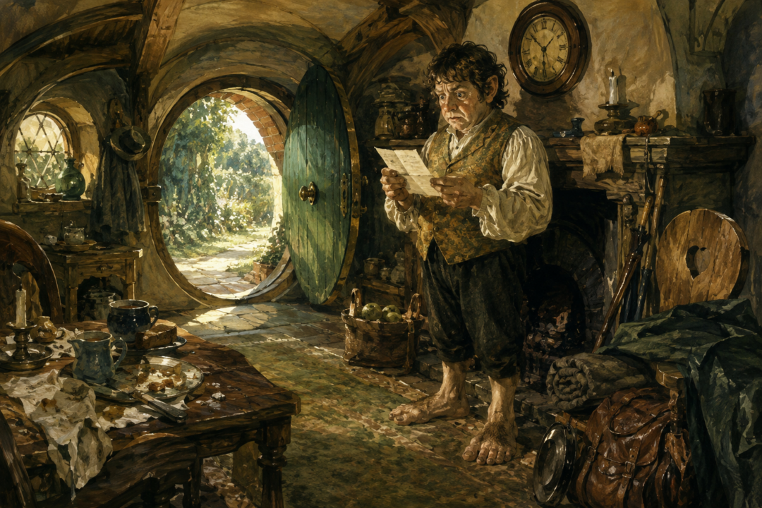 Bilbo Baggins reading Thorin and Company's letter beside the mantelpiece in Bag End