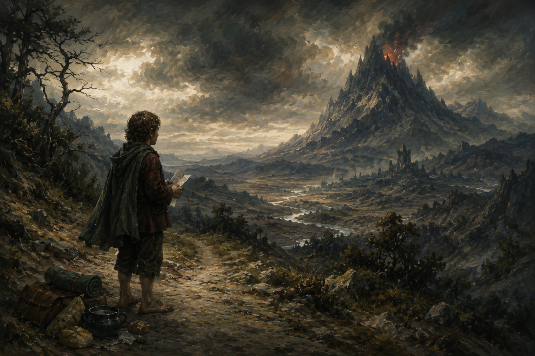 Bilbo holding Thorin's letter on the road toward the distant Lonely Mountain