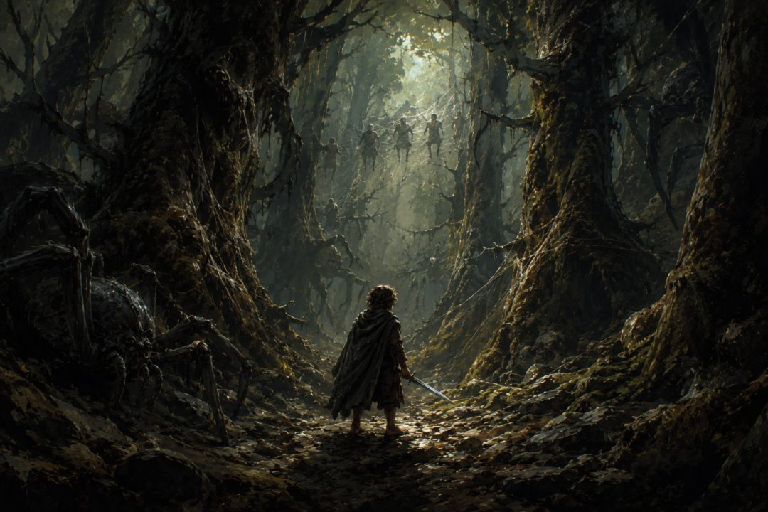 Bilbo turns back toward the spiders of Mirkwood to rescue his captured companions with Sting in hand.