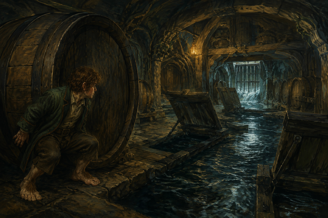 Bilbo hides among wine barrels while discovering the underground water-gate beneath the Elvenking’s halls.