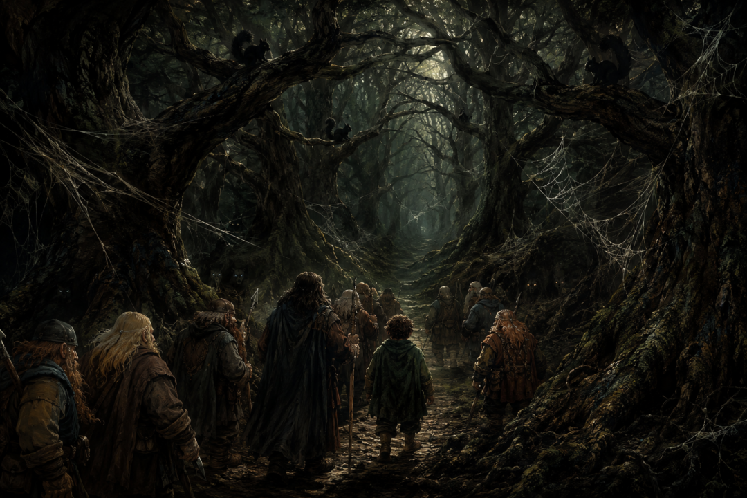 Bilbo and Thorin’s company enter the dark forest of Mirkwood beneath webs, black squirrels, and watchful eyes.