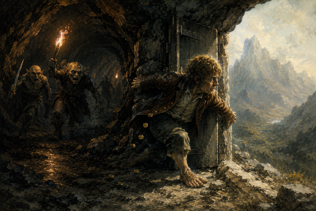 Bilbo tears free through the goblins' back-door and escapes from the darkness of the Misty Mountains into daylight.