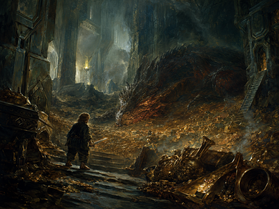 Bilbo Baggins facing the sleeping Smaug among the treasures of Erebor