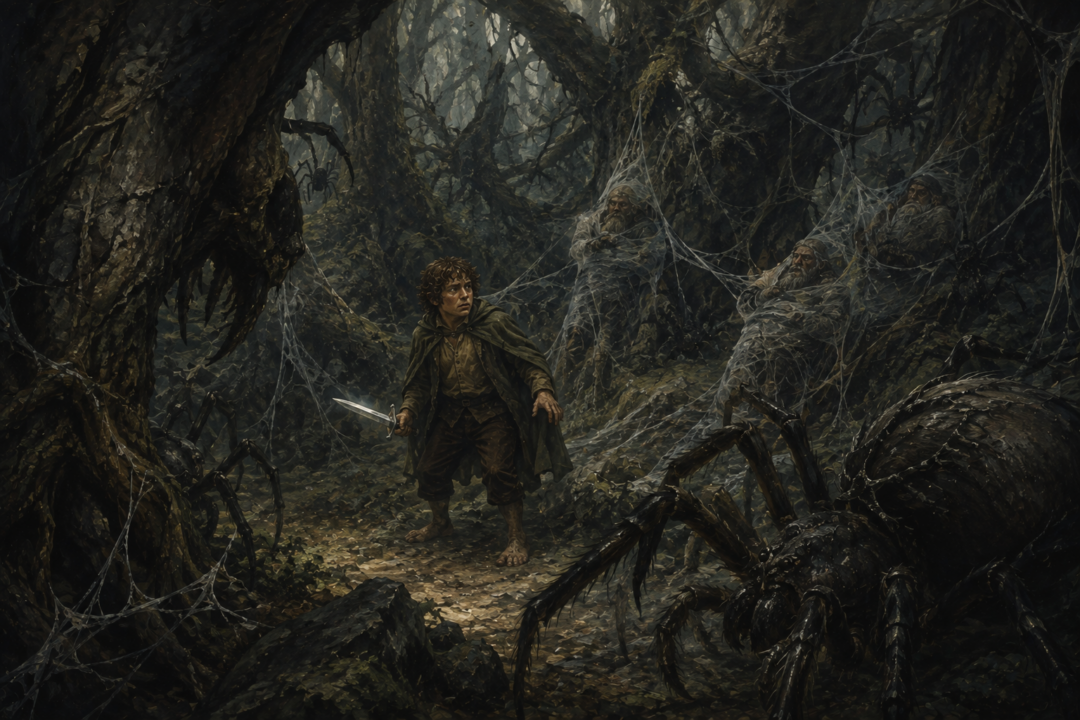 Bilbo faces the giant spiders of Mirkwood after Gandalf leaves Thorin's Company.