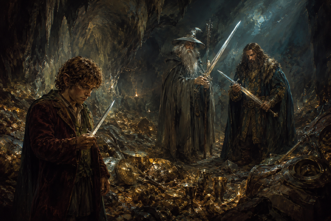 Bilbo examines the small Elvish blade later named Sting beside the ancient swords found in the trolls’ hoard.