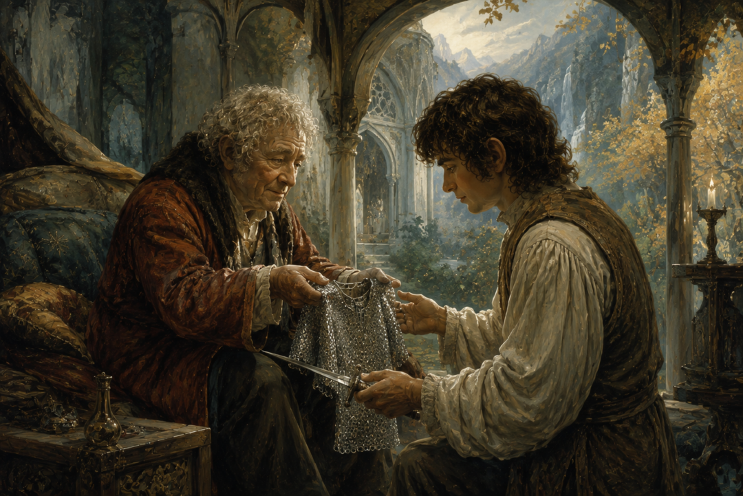 Elderly Bilbo gives Frodo the mithril coat and Sting before the journey from Rivendell.