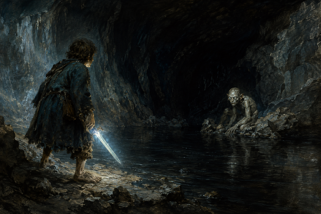 Bilbo cautiously faces Gollum beside the underground lake beneath the Misty Mountains with his Elvish sword drawn.