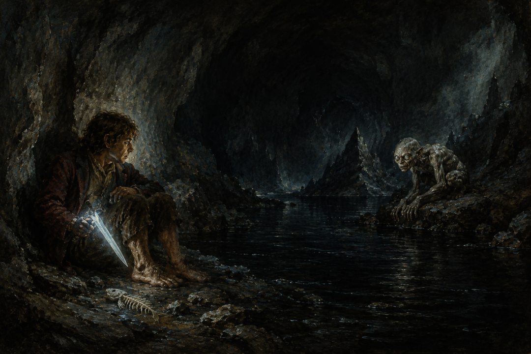 Bilbo and Gollum face one another in the darkness during their dangerous riddle contest beneath the Misty Mountains.