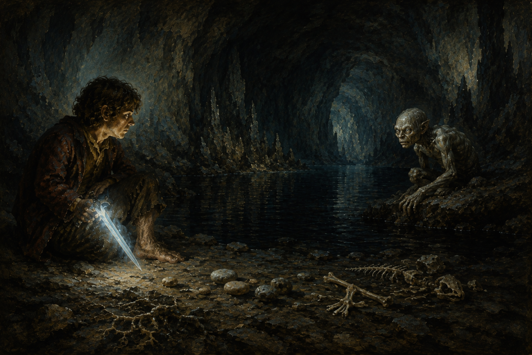 Bilbo and Gollum mirror one another across the dark cavern during their riddle-game, hinting at their distant shared origins.