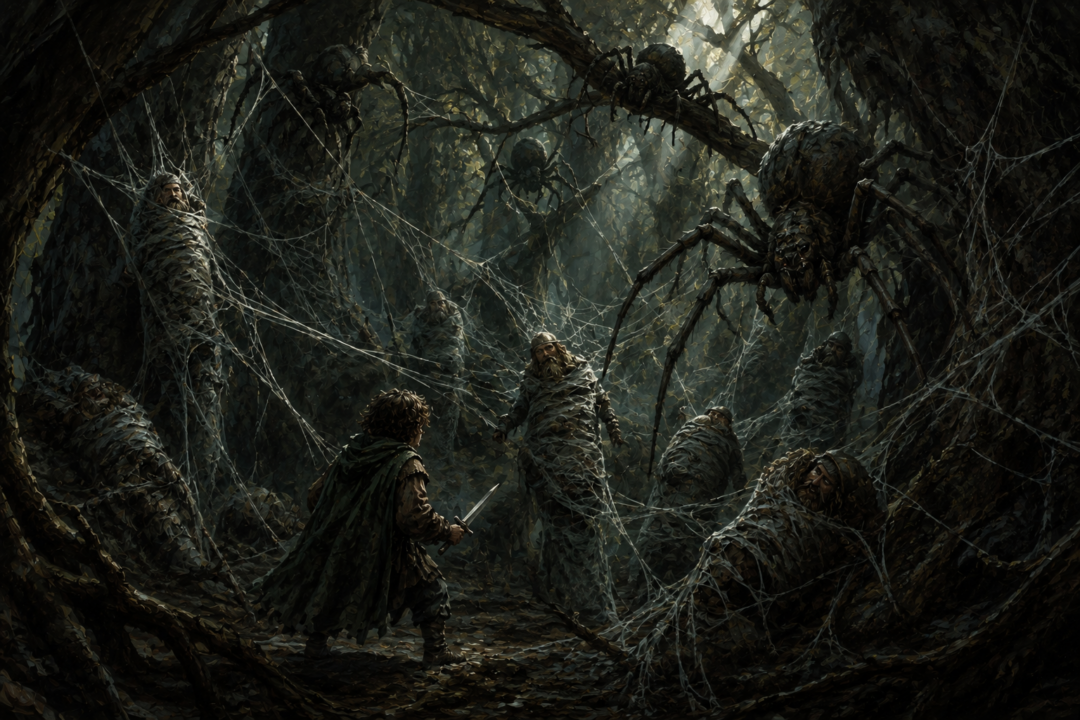 Bilbo confronts the intelligent great spiders of Mirkwood while the captured Dwarves hang bound in their webs.
