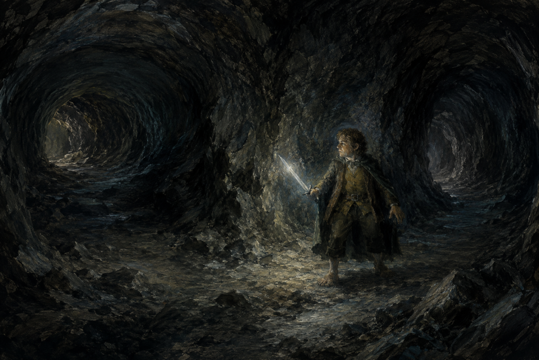 Bilbo Baggins stands alone with Sting in the dark goblin tunnels beneath the Misty Mountains.