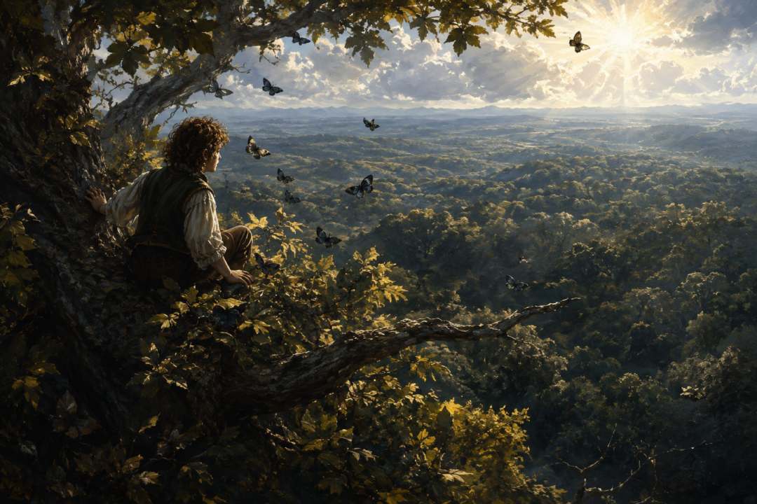 Bilbo emerges above Mirkwood’s canopy into sunlight among dark butterflies while the vast forest stretches to the horizon.